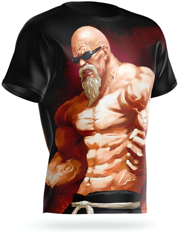 L'image représente un personnage de dessin animé chauve et musclé avec une barbe blanche et des lunettes de soleil. Il porte un pantalon noir et une ceinture blanche. Il est en position de combat.,T--5824034125,T--5201856519,T--466579264X,T--5808504090,T--4849055958,T--4724098929,T--7548337299,T--4193727122