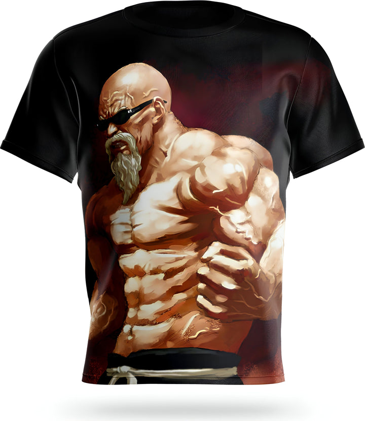 L'image représente un t-shirt noir avec un personnage de dessin animé dessus. Le personnage est un vieil homme chauve avec une barbe blanche et des lunettes de soleil noires. Il est vêtu d'un pantalon noir et d'une ceinture marron. Il a les muscles saillants et semble être en train de se battre.,T--5824034125,T--5201856519,T--466579264X,T--5808504090,T--4849055958,T--4724098929,T--7548337299,T--4193727122
