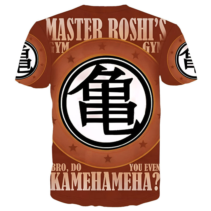 Une image d'un t-shirt orange avec le logo de Kame House, le symbole de l'école de tortue de Maître Roshi dans Dragon Ball Z. Le texte sur le t-shirt dit "Master Roshi's Gym".,T--5479908898,T--7815532977,T--3592360663,T--2156526516,T--162977331X,T--0974200751,T--9006500755,T--0798963190