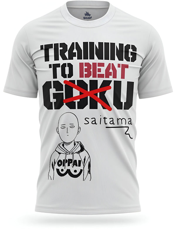 Le t-shirt blanc représente Saitama, un personnage de l'anime One Punch Man. Il est vêtu d'un sweat-shirt à capuche noir avec le texte "OPPAI" écrit dessus. Le texte "Training to beat Goku" est écrit en rouge sur le t-shirt, avec une ligne rouge qui traverse le mot "Goku".,T--8440699409,T--4646544520,T--8194558700,T--209630296X,T--9916878129,T--7950485779