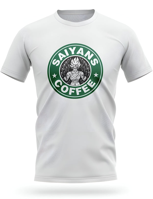 Un t-shirt blanc avec un logo vert représentant Son Goku, un personnage de la série animée japonaise Dragon Ball Z. Le logo est une parodie du logo de la chaîne de cafés Starbucks.,T--1334715866,T--0083891102,T--1132868750,T--3799162615,T--3543007947,T--6993306514