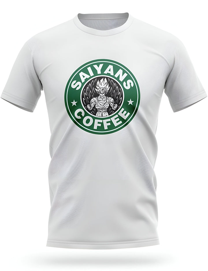 Un t-shirt blanc avec un logo vert représentant Son Goku, un personnage de la série animée japonaise Dragon Ball Z. Le logo est une parodie du logo de la chaîne de cafés Starbucks.,T--1334715866,T--0083891102,T--1132868750,T--3799162615,T--3543007947,T--6993306514