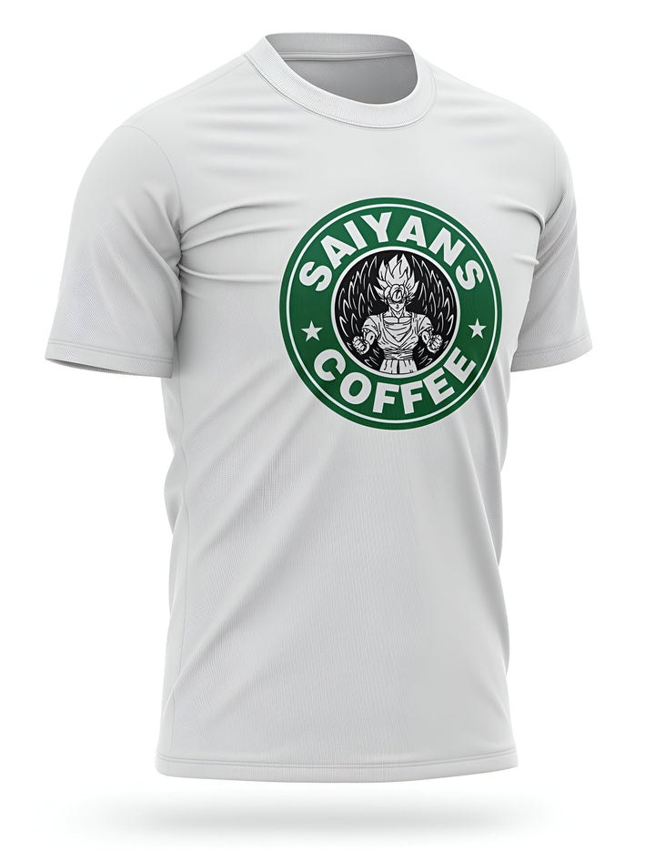 Un t-shirt blanc avec un logo vert représentant Son Goku, un personnage de la série animée Dragon Ball Z. Le logo est une parodie du logo de la chaîne de cafés Starbucks.,T--1334715866,T--0083891102,T--1132868750,T--3799162615,T--3543007947,T--6993306514