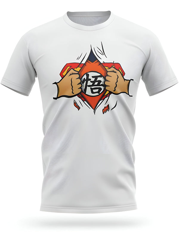 Un t-shirt blanc avec un motif de Son Goku, un personnage de Dragon Ball Z.,T--4715970597,T--2693996058,T--8930014046,T--9590150306,T--1186365137,T--6719743333
