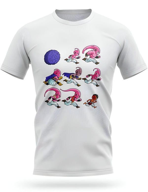 Une image d'un t-shirt blanc avec un motif de Majin Buu, un personnage de Dragon Ball Z. Il est représenté en train de courir et de tirer des boules de Ki.,T--3331994693,T--6156217169,T--7964974904,T--7980576721,T--0530327562,T--2010397096