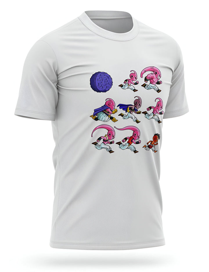 Une image d'un t-shirt blanc avec un motif de Majin Buu, un personnage de Dragon Ball Z. Il est représenté en train de courir et de tirer une boule d'énergie.,T--3331994693,T--6156217169,T--7964974904,T--7980576721,T--0530327562,T--2010397096