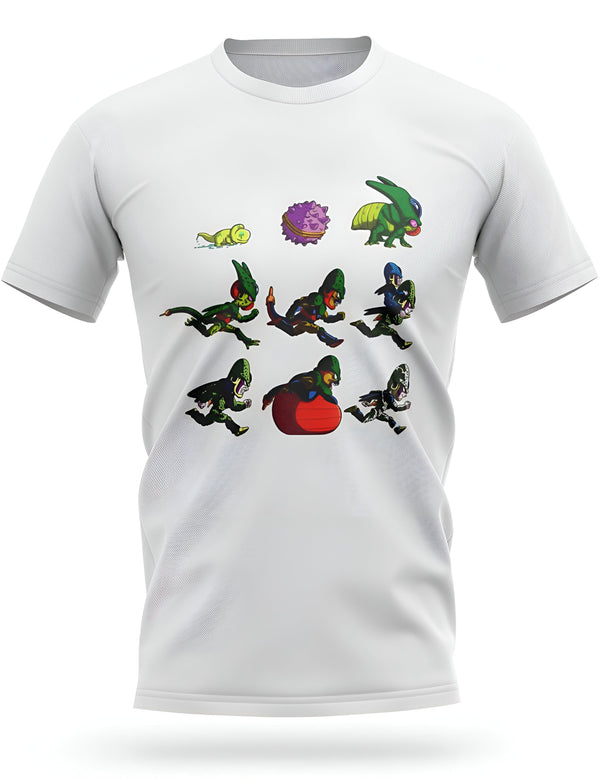 Le t-shirt blanc présente une illustration de Cell, un personnage de Dragon Ball Z. On y voit les différentes formes de Cell, depuis sa forme larvaire jusqu'à sa forme parfaite.,T--4052018478,T--1742995993,T--8605485671,T--3980355179,T--2648253122,T--5436312322
