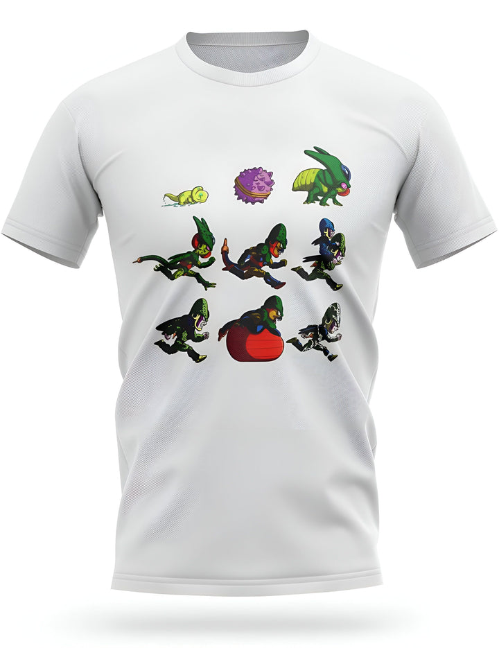 Le t-shirt blanc présente une illustration de Cell, un personnage de Dragon Ball Z. On y voit les différentes formes de Cell, depuis sa forme larvaire jusqu'à sa forme parfaite.,T--4052018478,T--1742995993,T--8605485671,T--3980355179,T--2648253122,T--5436312322