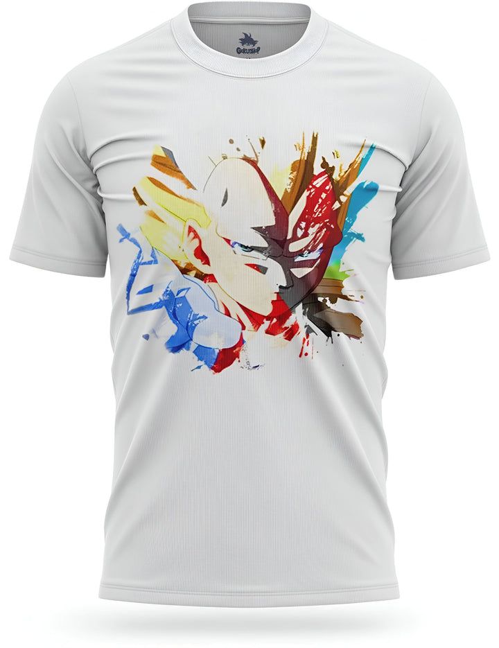 Le t-shirt blanc présente une illustration de Vegeta et de Goku, deux personnages de la série animée Dragon Ball Z. Vegeta est représenté sur le côté gauche du t-shirt, avec ses cheveux noirs hérissés et sa combinaison bleue. Goku est représenté sur le côté droit du t-shirt, avec ses cheveux noirs et sa combinaison orange. Les deux personnages sont entourés d'éclairs et de flammes.,T--5378729793,T--0010990585,T--3114510329,T--6026554483,T--106003512X,T--5188898942