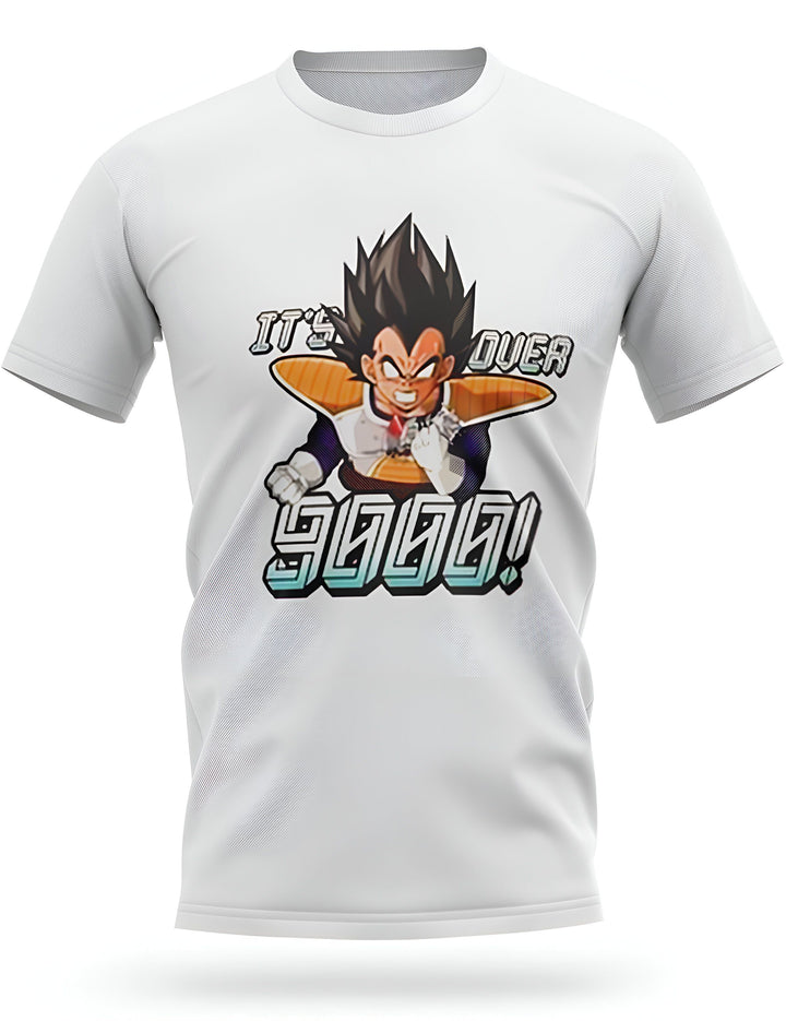 Le t-shirt blanc représente Vegeta, un personnage de la série animée Dragon Ball Z. Il est vêtu d'une armure bleue et jaune et a les cheveux noirs. Il est en position de combat et dit "It's over 9000 !", qui est une phrase célèbre de la série.,T--3437800302,T--5115833476,T--6827700054,T--8773382043,T--4216287166,T--067722365X