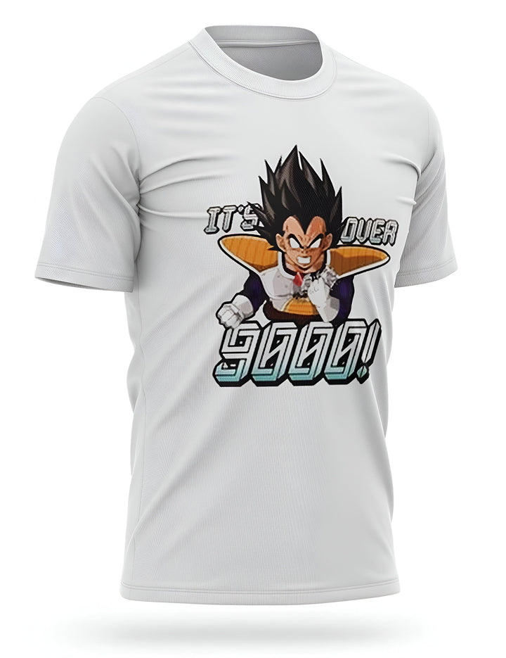 Le t-shirt blanc représente Vegeta, un personnage de la série animée Dragon Ball Z. Il est représenté en train de crier "It's over 9000 !", l'une de ses phrases les plus célèbres.,T--3437800302,T--5115833476,T--6827700054,T--8773382043,T--4216287166,T--067722365X