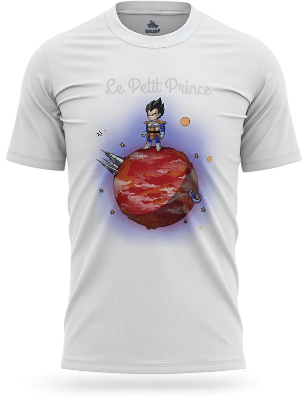 Le t-shirt blanc représente le personnage de Vegeta, un prince Saiyan de la série Dragon Ball Z. Il est debout sur une planète rouge, avec des étoiles et des planètes en arrière-plan. Le texte "Le Petit Prince" est écrit en lettres bleues sur la poitrine.,T--9338295923,T--3732817911,T--0422731528,T--3919867513,T--5550193221,T--6732652893