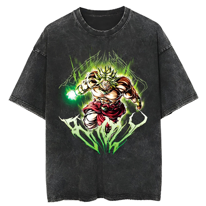Le t-shirt représente Broly, un personnage de la série Dragon Ball Z. Il est vêtu d'une tenue verte et jaune et est en train de charger une boule d'énergie verte. Le fond est noir et vert.,T--5754491336,T--8883566238,T--5988933092,T--7174507190,T--545856863X,T--1668389290