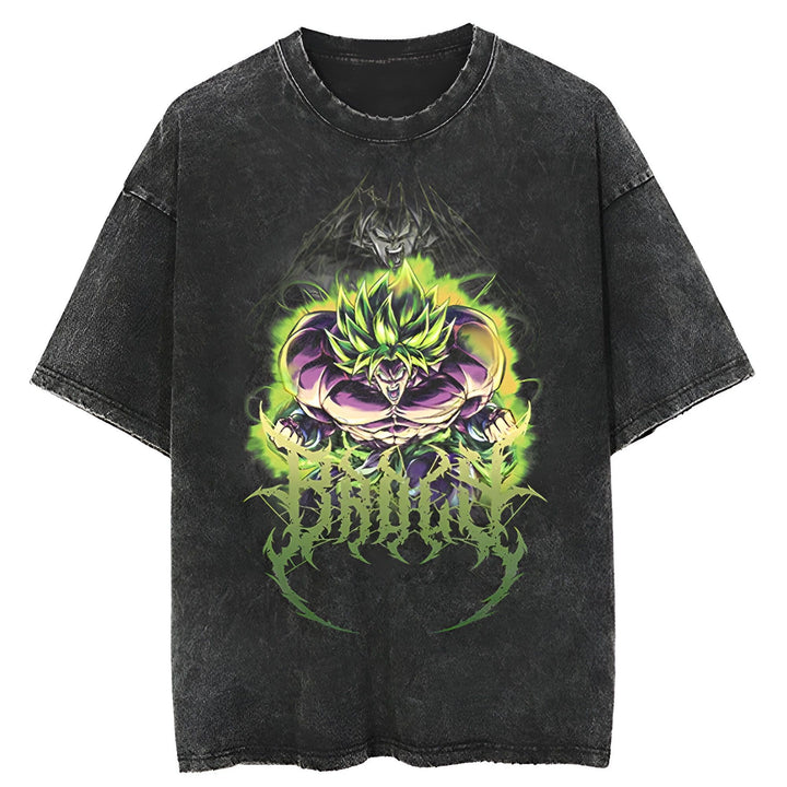 Le t-shirt représente Broly, un personnage de la série animée Dragon Ball Z. Il est vêtu d'une combinaison verte et jaune et a les cheveux verts. Il est en train de se battre contre un adversaire invisible. Le t-shirt est noir et possède un col rond.,T--3101545897,T--1513291386,T--5776315433,T--8102285494,T--1634880366,T--0150808615