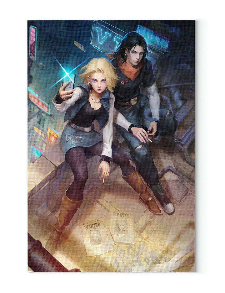 Une image de deux personnages de Dragon Ball Z, Androïde 17 et C-18, sur un toit. C-18 prend un selfie avec son téléphone portable tandis que Androïde 17 fume une cigarette.,TA-0177371404,TA-9239227822,TA-7480187262
