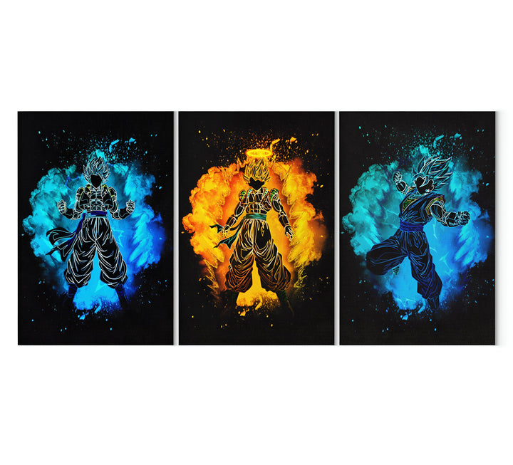 L'image représente trois personnages de la série Dragon Ball Z. Il y a Goku, Vegeta et Gogeta. Ils sont tous les trois en train de se battre. Goku est en train de donner un coup de poing, Vegeta est en train de donner un coup de pied et Gogeta est en train de faire une attaque énergétique.,TA-1445083027,TA-4044855285,TA-1283234254,TA-8124818649,TA-041816035X,TA-4658552604