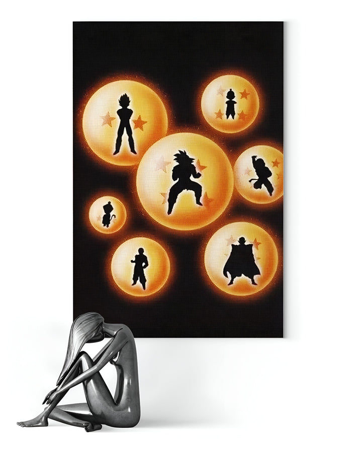 L'image représente un tableau avec les 7 boules de cristal et les personnages de la série Dragon Ball Z en ombres chinoises.,TA-0236914413,TA-5859166249,TA-748215731X,TA-1139846647