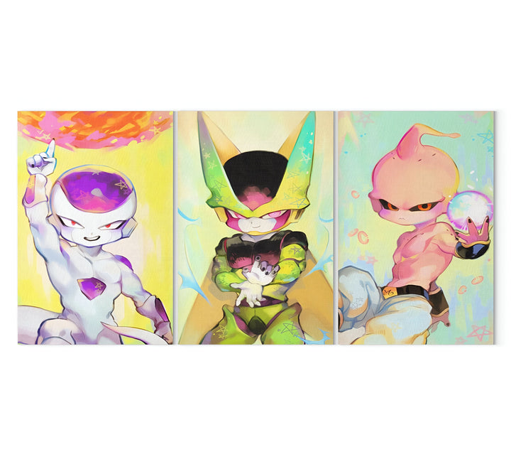 L'image représente trois personnages de la série Dragon Ball Z. 
À gauche, on peut voir Freezer, un extraterrestre maléfique qui a conquis de nombreuses planètes. 
Au milieu, se trouve Cell, un être artificiel créé par le Dr. Gero pour être le guerrier ultime. 
À droite, on aperçoit Majin Buu, un génie maléfique qui a été libéré par Babidi.,TA-1830269534,TA-7604218687,TA-323748430X,TA-4754129946,TA-4707156266,TA-2156704406,TA-5618361612,TA-5597910698