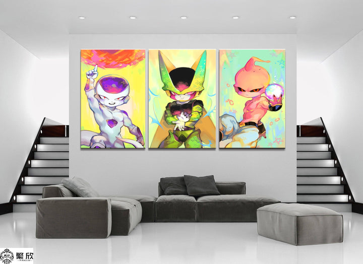 Une image de trois personnages de Dragon Ball Z. Freezer, Cell et Majin Buu sont représentés dans leur forme la plus puissante. Freezer est sur la gauche, Cell au milieu et Majin Buu est sur la droite.,TA-1830269534,TA-7604218687,TA-323748430X,TA-4754129946,TA-4707156266,TA-2156704406,TA-5618361612,TA-5597910698