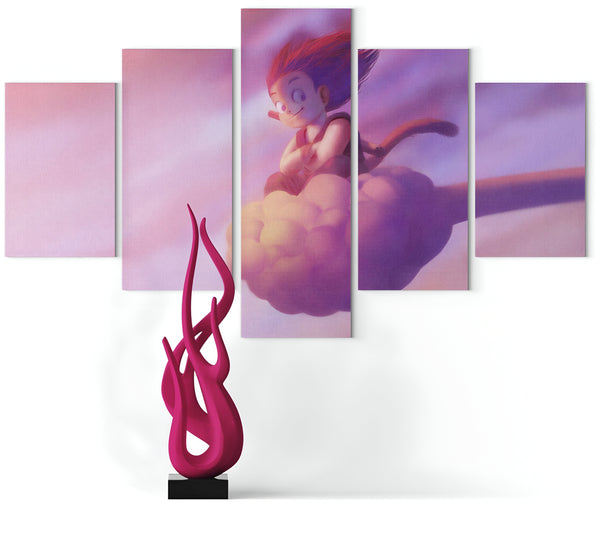 Une fresque en cinq parties représentant Son Goku, un personnage de dessin animé japonais, chevauchant un nuage magique. Il est vêtu d'une combinaison orange et a les cheveux hérissés. Le fond est rose et violet.,TA-6720815695,TA-8288138837,TA-0114659761,TA-0113393253,TA-479395264X,TA-7779629236,TA-9612808317,TA-6381692510