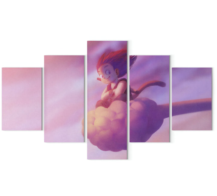 L'image représente un jeune garçon aux cheveux rouges et à la peau claire. Il est vêtu d'une combinaison orange et bleue. Il est assis sur un nuage et sourit. En arrière-plan, on peut voir un ciel rose et des nuages.,TA-6720815695,TA-8288138837,TA-0114659761,TA-0113393253,TA-479395264X,TA-7779629236,TA-9612808317,TA-6381692510