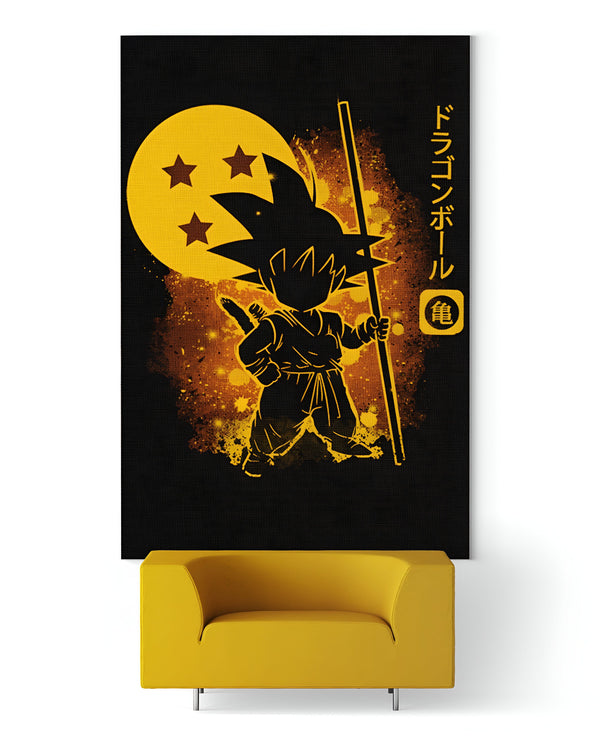 Une illustration de Son Goku, un personnage de la série animée Dragon Ball. Il est représenté en silhouette, avec une boule de cristal à quatre étoiles en arrière-plan.,TA-7174186750,TA-1057294357,TA-1253242720,TA-5405484180