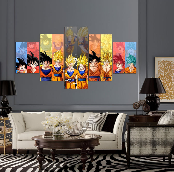 L'image représente un mur avec une fresque de 5 panneaux. On y voit le personnage de Goku, de la série animée Dragon Ball Z, à différents moments de sa vie. Il est représenté en train de combattre, de voler et de se téléporter. Les couleurs de l'arrière-plan sont vives et contrastées.,TA-917865467X,TA-9245659712,TA-7273333476,TA-7082549946,TA-9995175185,TA-9433211413,TA-2866371216,TA-2789196532