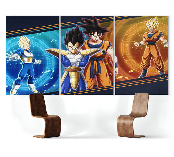 Une image de trois personnages de la série Dragon Ball Z. Vegeta, Goku et Trunks sont tous représentés dans leur tenue de combat.,TA-2457876729,TA-8665543481,TA-4936307009,TA-3558977572,TA-4416780818,TA-2539206700