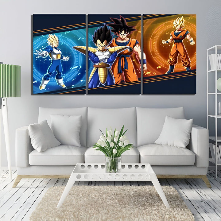 L'image représente un triptyque de personnages du manga Dragon Ball Z. On y voit Goku, Vegeta et Trunks, tous trois dans leur tenue de combat. Goku est au centre, avec Vegeta à sa gauche et Trunks à sa droite. L'arrière-plan est bleu et orange, avec des éclairs qui jaillissent autour des personnages.,TA-2457876729,TA-8665543481,TA-4936307009,TA-3558977572,TA-4416780818,TA-2539206700