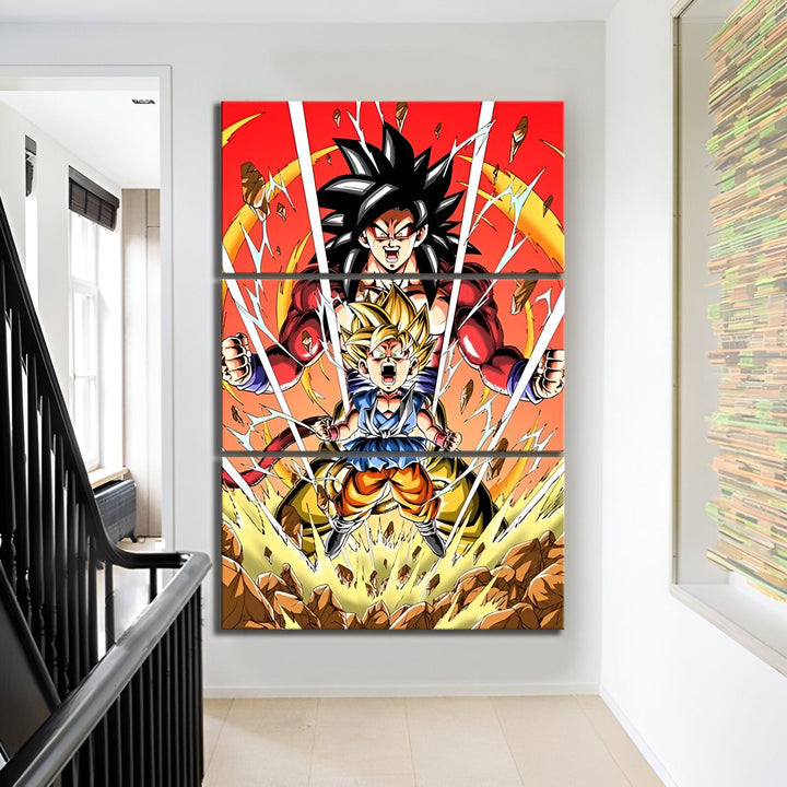 Une fresque en trois parties représentant Son Goku, le personnage principal de la série animée Dragon Ball Z. Il est en train de se battre contre un ennemi invisible. Il est entouré de rochers et de montagnes. L'arrière-plan est rouge et orange.,TA-9994457209,TA-8702828707,TA-1849276099,TA-1963197887,TA-5539213777,TA-8534989109,TA-3469014566,TA-1900188910