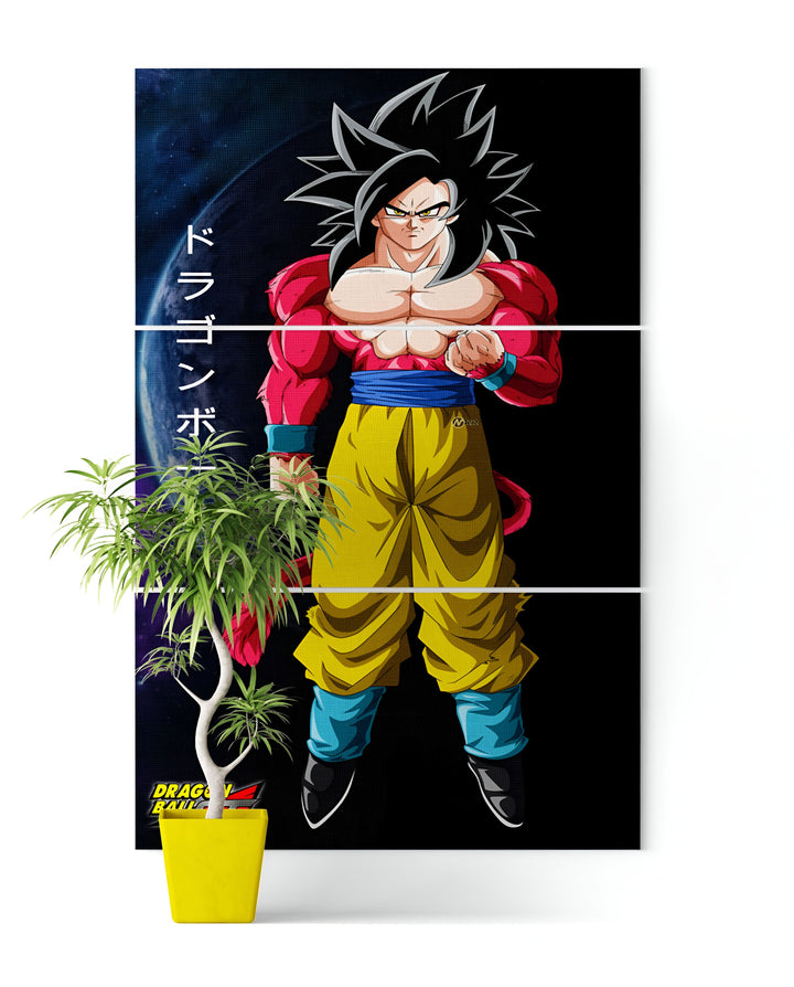 Une image de Son Goku, un personnage de Dragon Ball Z. Il est représenté en Super Saiyan 4, avec les cheveux longs et noirs et les yeux rouges. Il porte une combinaison orange et bleue et des bottes jaunes. Il est entouré d'un fond bleu avec des planètes et des étoiles.,TA-6441343762,TA-4997810266,TA-9175353261,TA-2912920906,TA-1495065960,TA-2311174193