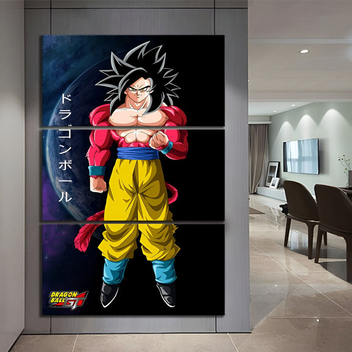 Une image de Son Goku, un personnage de la série animée Dragon Ball GT. Il est représenté avec les cheveux noirs et les yeux bleus, vêtu d'un pantalon jaune et d'une chemise orange. Il est en position de combat, le poing droit levé. En arrière-plan, on peut voir la planète Terre et des étoiles.,TA-6441343762,TA-4997810266,TA-9175353261,TA-2912920906,TA-1495065960,TA-2311174193