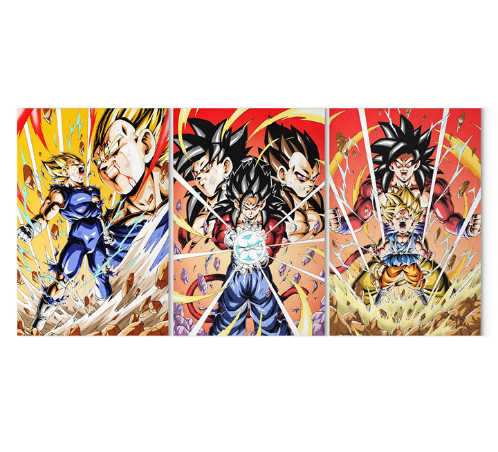 Une fresque en trois parties représentant les personnages de la série animée Dragon Ball Z. Dans la première partie, on voit Vegeta et Goku, deux des personnages principaux, en train de se battre. Dans la deuxième partie, on voit Gohan, le fils de Goku, en train de se préparer à lancer une attaque. Dans la troisième partie, on voit Goku en train de se battre contre un autre personnage.,TA-3057714331,TA-1363234943,TA-6692316723,TA-0723927545,TA-6355999728,TA-5703004276