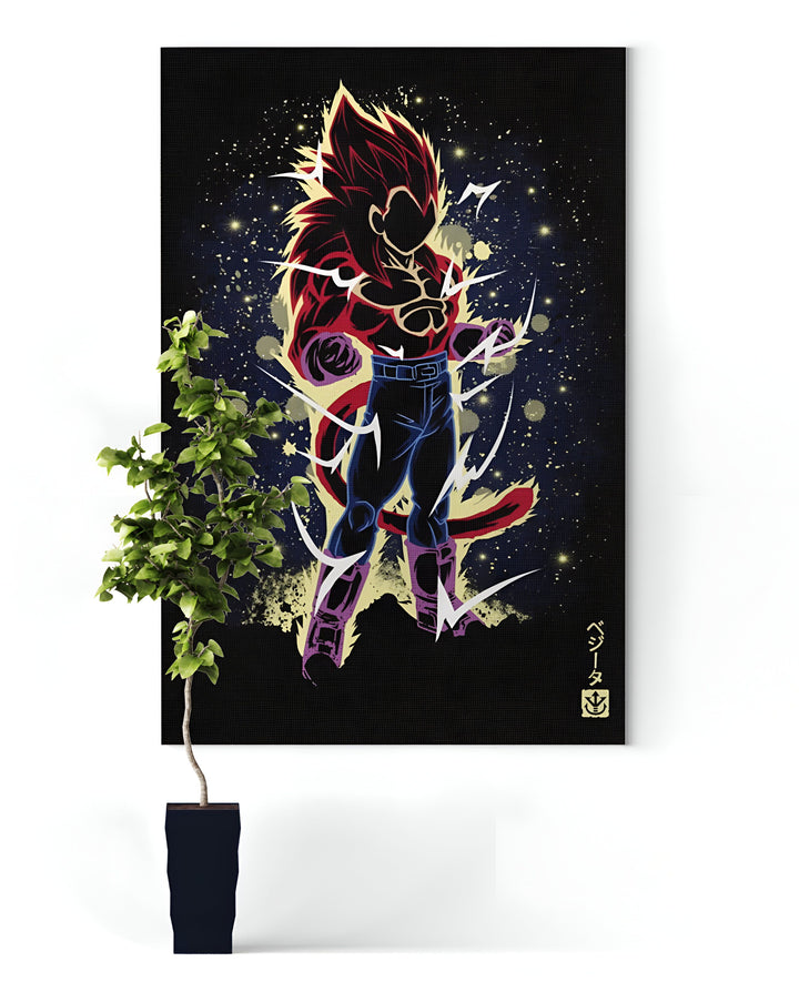 Une illustration de Vegeta, un personnage de la série Dragon Ball. Il est représenté de face, avec les cheveux rouges et les yeux bleus. Il porte une combinaison bleue et jaune. Il est entouré d'un fond noir avec des étoiles et des éclairs.,TA-7113012868,TA-3614607119,TA-0921845995,TA-1417390719