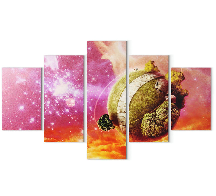 Une image de la planète Namek de la série Dragon Ball Z. La planète est verte et a des arbres et des rivières. Elle est entourée d'un ciel rose et de nuages.,TA-7724828822,TA-5959362899,TA-1876064358,TA-4503602004,TA-1311192093,TA-0324250673,TA-8206326340,TA-4223391550
