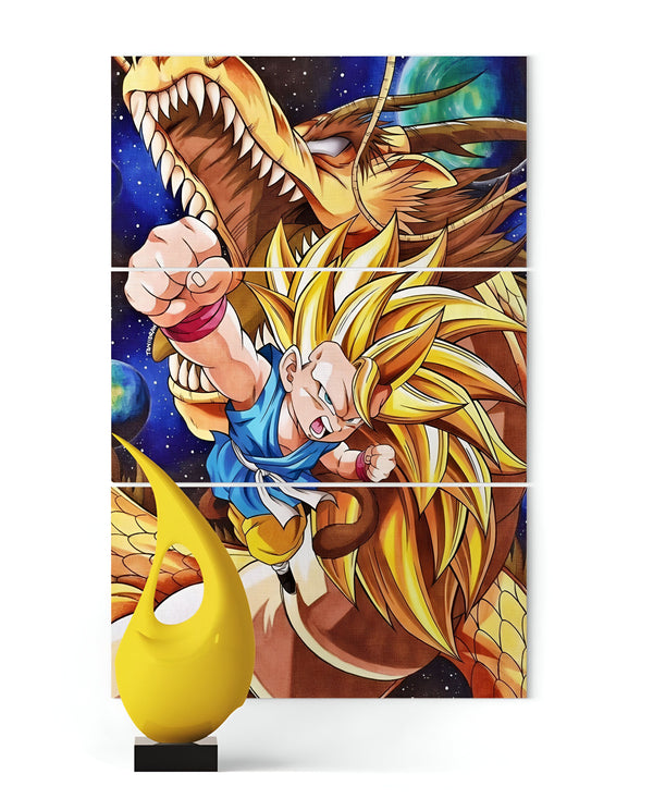 Une fresque en trois parties représentant Son Goku, un personnage de la série animée Dragon Ball Z. Il est en train de combattre un dragon.,TA-7155364169,TA-9984112551,TA-198397191X,TA-8427720084,TA-1040976484,TA-8153701614