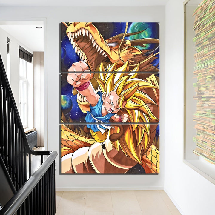 Une fresque en trois parties représentant Son Goku, un personnage de la série animée Dragon Ball Z. Il est en train de combattre un dragon.,TA-7155364169,TA-9984112551,TA-198397191X,TA-8427720084,TA-1040976484,TA-8153701614