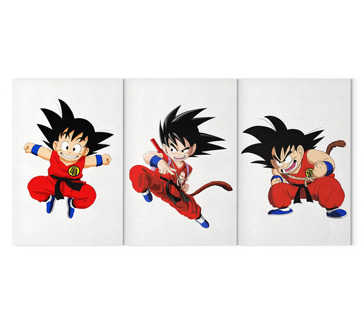 L'image montre trois illustrations de Son Goku, un personnage de la série animée Dragon Ball. Il est représenté en train de voler, de donner un coup de pied et de se préparer à attaquer.,TA-3029241998,TA-2919700146,TA-2393020349,TA-6818162290,TA-9995620146,TA-8449601355,TA-9636826099,TA-9022916952