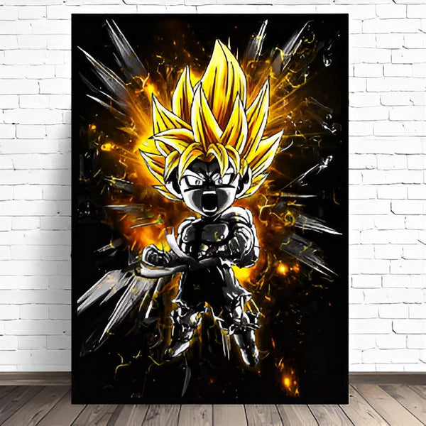 Une illustration de Son Goku, un personnage de la série animée Dragon Ball Z. Il est représenté en train de se transformer en Super Saiyan, avec les cheveux jaunes et les yeux bleus. Il est entouré d'une aura dorée et de nombreux éclats.,TA-3406494609,TA-7480866151,TA-6778827351,TA-1586646079,TA-6396535866