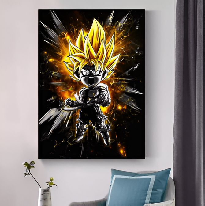Une illustration de Son Goku, un personnage de la série animée Dragon Ball Z. Il est représenté en Super Saiyan, avec les cheveux jaunes et les yeux bleus. Il est entouré d'une aura dorée et porte une combinaison bleue et orange.,TA-3406494609,TA-7480866151,TA-6778827351,TA-1586646079,TA-6396535866