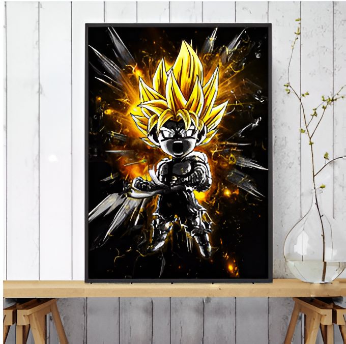 Une illustration de Son Goku, un personnage de la série animée Dragon Ball Z. Il est représenté en train de se transformer en Super Saiyan, avec les cheveux jaunes et les yeux bleus. Il est entouré d'une aura dorée et de nombreux éclairs.,TA-3406494609,TA-7480866151,TA-6778827351,TA-1586646079,TA-6396535866