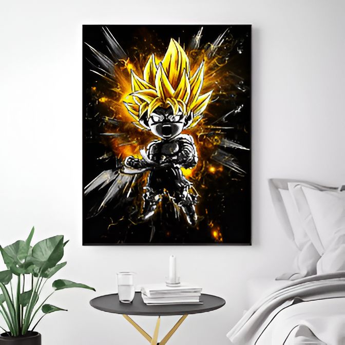Une illustration de Son Goku, un personnage de la série animée Dragon Ball Z. Il est représenté en train de se transformer en Super Saiyan, avec les cheveux jaunes et les yeux bleus. Il est entouré d'une aura dorée et de nombreux éclairs.,TA-3406494609,TA-7480866151,TA-6778827351,TA-1586646079,TA-6396535866