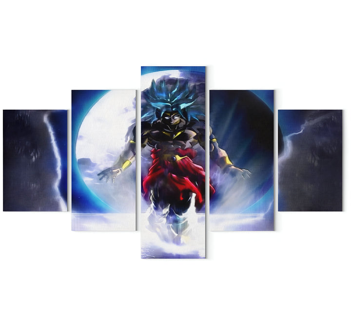Une fresque en cinq parties représentant Broly, un personnage de Dragon Ball Super. Broly est un Saiyan légendaire, et il est l'un des personnages les plus puissants de la série. Il a les cheveux bleus et les yeux verts, et il est vêtu d'une combinaison de combat rouge et jaune. Il est entouré d'une aura bleue, et il semble prêt à se battre.,TA-8932947007,TA-9064636850,TA-3051364711,TA-6336129284,TA-3470298351,TA-5535570079,TA-1263675689,TA-2639594974