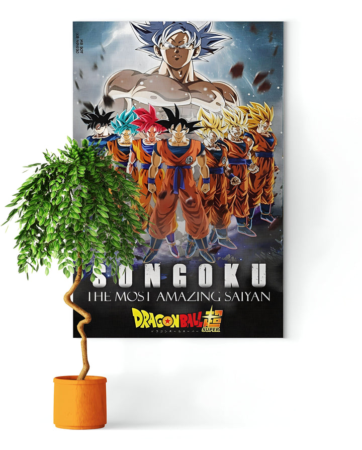 Une affiche de Son Goku, le personnage principal de la série animée Dragon Ball Super. Il est représenté avec ses cheveux bleus et sa tenue orange caractéristique, entouré de plusieurs autres personnages de la série, dont Vegeta, Piccolo, Gohan, Trunks et Krilin.,TA-7853965737,TA-7920489679,TA-5077369518,TA-1240107412