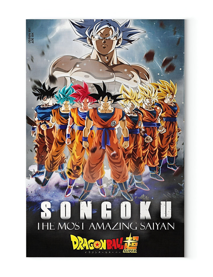 Une illustration de Son Goku, le personnage principal de la série animée Dragon Ball Super. Il est représenté avec ses cheveux bleus et sa tenue orange caractéristique, entouré de ses amis et rivaux, tous également puissants guerriers.,TA-7853965737,TA-7920489679,TA-5077369518,TA-1240107412