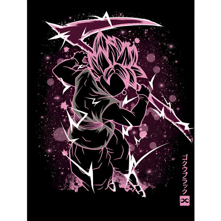 Une illustration de Goku Black, un personnage de Dragon Ball Super. Il est représenté avec une faux à la main et porte une aura rose.,TA-7118014516,TA-3567539817,TA-6425077530,TA-2833152795