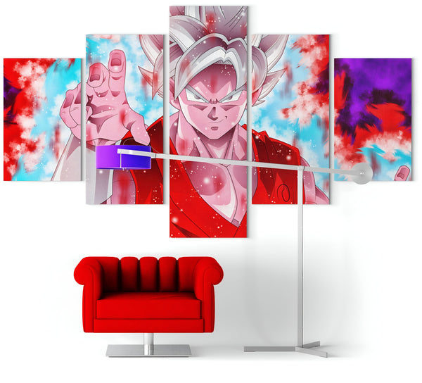 Une image de Son Goku, un personnage de la série animée Dragon Ball Z. Il est représenté en train de se battre, avec ses cheveux blancs et ses yeux bleus. Il est vêtu d'un kimono orange et d'une ceinture bleue. L'arrière-plan est coloré en bleu et en violet.,TA-4789168700,TA-3651795810,TA-4904302710,TA-122794246X,TA-8022204773,TA-4229014503