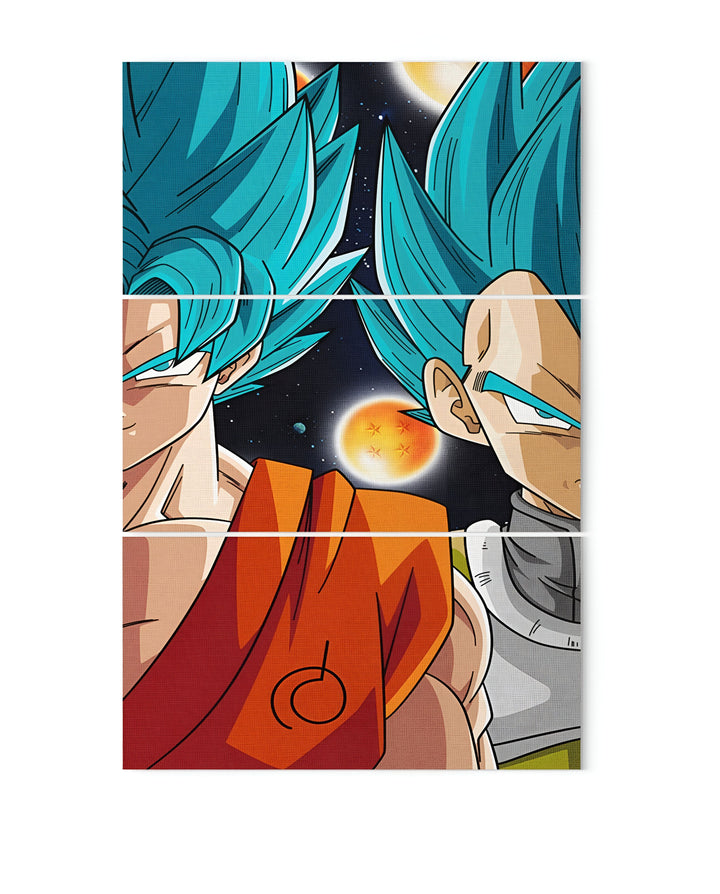 Une image de Goku et Vegeta, deux personnages de la série animée Dragon Ball Z. Goku est un Saiyan, une race extraterrestre guerrière, et Vegeta est un prince Saiyan. Les deux personnages sont représentés dans leur forme Super Saiyan, qui est une transformation qui leur donne des cheveux bleus et une puissance accrue. En arrière-plan, on peut apercevoir la planète Vegeta, la planète natale des Saiyans.