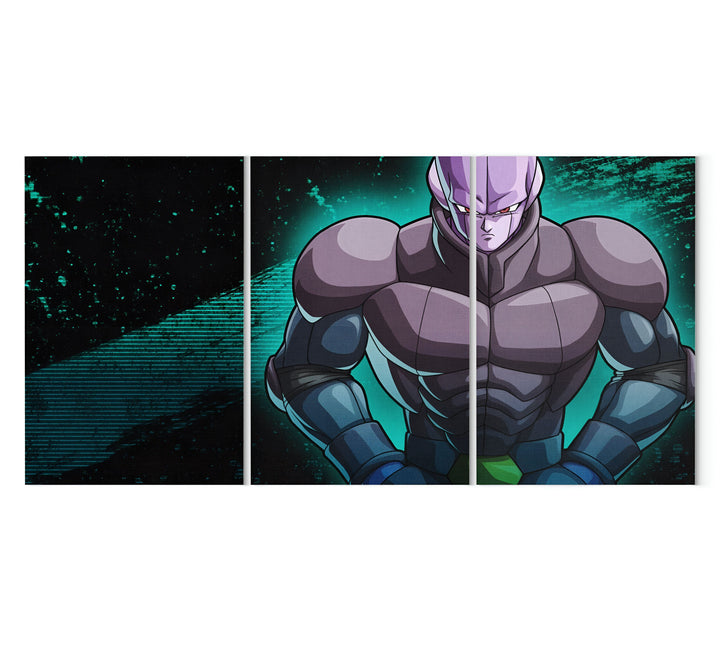 L'image représente un personnage de la série Dragon Ball Z, Hit. Il est vêtu d'une combinaison de combat violette et noire et a les cheveux blancs. Il est en position de combat, le poing droit en avant et le gauche replié près du corps. En arrière-plan, on peut voir un dégradé de vert et de noir.,TA-3291788702,TA-785439167X,TA-2250106576,TA-7579881322,TA-8994046569,TA-2937418961