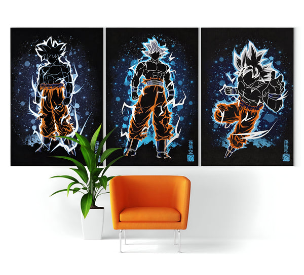 Une image de Son Goku, un personnage de la série animée Dragon Ball Z. Il est représenté en train de se battre contre un adversaire. L'image est en trois parties.,TA-2170569073,TA-2121180877,TA-7114700792,TA-187157708X,TA-4227844045,TA-9674756736